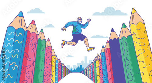 Senior man jumping over a colorful bridge made of giant pencils, symbolizing creativity and active aging.