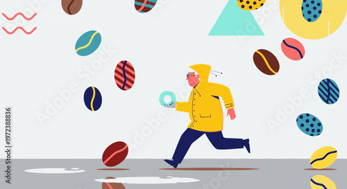 Vibrant illustration of a person in a yellow raincoat running amidst a whimsical shower of colorful coffee beans and abstract elements.