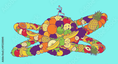 Dynamic illustration of a person running on an intertwined structure made of colorful fresh fruits, representing a healthy lifestyle, natural energy, and nutritious food choices.