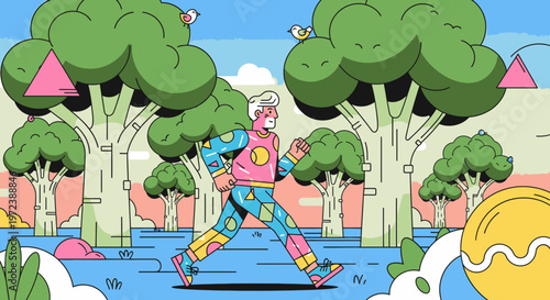 Vibrant illustration of an active senior man enjoying a brisk walk or jog through a stylized, colorful park environment, promoting healthy aging and outdoor activity.