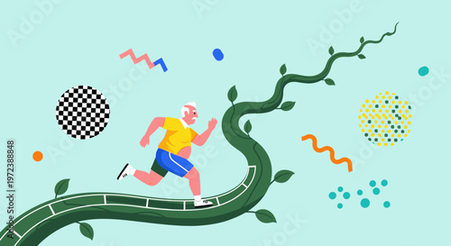 Vibrant illustration of an active senior man running on a winding vine, symbolizing personal growth, health, and an ongoing journey towards fitness and well-being.