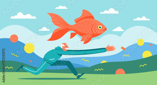 Determined man running and reaching for a large flying goldfish against a vibrant, surreal landscape. Symbolizes ambition, chasing dreams, and challenging pursuits.