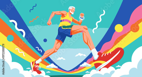Vibrant illustration of an active senior man running with energy and vitality against a colorful, dynamic background, promoting healthy aging and an energetic lifestyle.