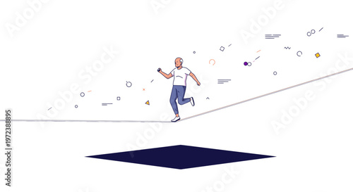 Man running on a thin line amidst abstract digital elements, symbolizing balance, risk, and progress in a dynamic modern world.