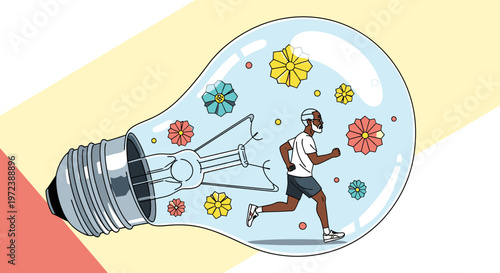 Elderly man jogging within a glowing light bulb, adorned with vibrant flowers, representing innovation in senior health, active retirement, and mental well-being.
