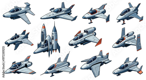 Comprehensive collection of different futuristic spacecraft and fighter jet designs in a retro pixel art style on white background.