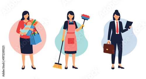 Three women representing diverse roles including a busy mother, a domestic worker, and a professional business person.