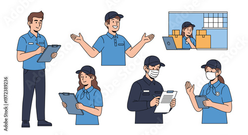 Group of delivery and logistics service workers in blue uniforms performing various tasks including checking orders.