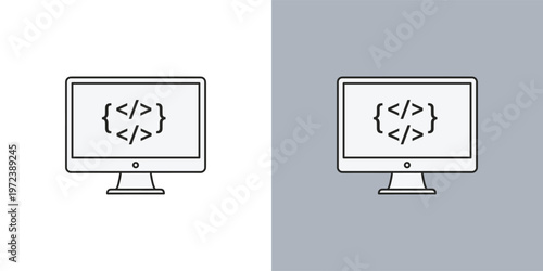 Minimalist vector icon of a computer monitor displaying code symbols, representing web development and programming concepts for digital solutions