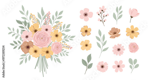 Soft pastel colored flower bouquet featuring pink roses and yellow blossoms with individual elements for creators.