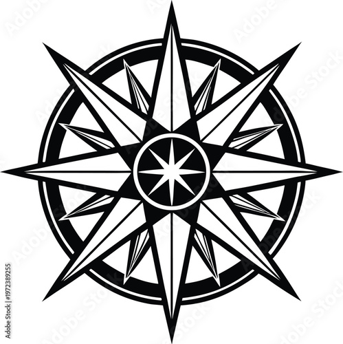 Black and white starburst compass rose navigation symbol