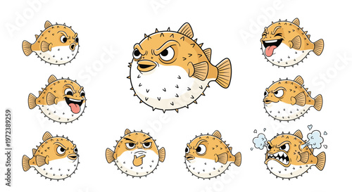 Animated puffer fish character showing a range of emotions and expressions including happy, angry, and thoughtful.