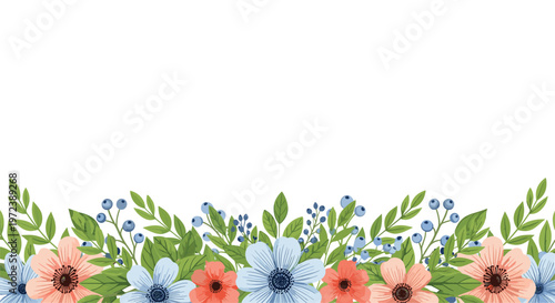 Elegant and beautiful floral border design featuring soft pastel blue and peach flowers with green leaves and blueberries.