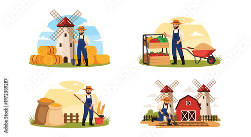 Set of farm life illustrations featuring a farmer working with hay, harvesting vegetables, and managing a grain barn.