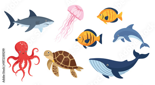 Comprehensive set of marine life featuring a shark, octopus, turtle, whale, dolphin, jellyfish, and colorful fish.