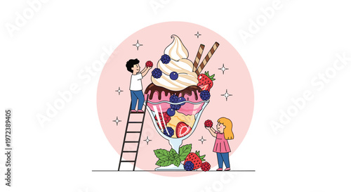 Creative illustration of two tiny children decorating a giant ice cream sundae with berries and chocolate in a pink circle.