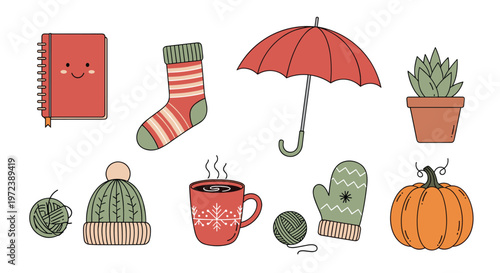 Collection of cozy autumn and winter items including a warm hat scarf mittens hot cocoa umbrella and a cute notebook.