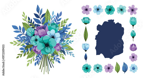 Vibrant turquoise and purple flower bouquet with matching blossoms and green leaves for creative floral arrangements.