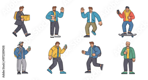 Diverse group of men characters in various casual outfits and activities like skateboarding walking and using phones.