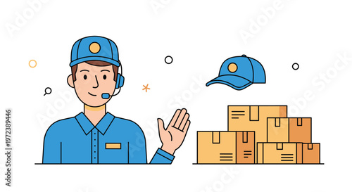 Friendly delivery service representative wearing a uniform and headset standing next to a stack of cardboard boxes.
