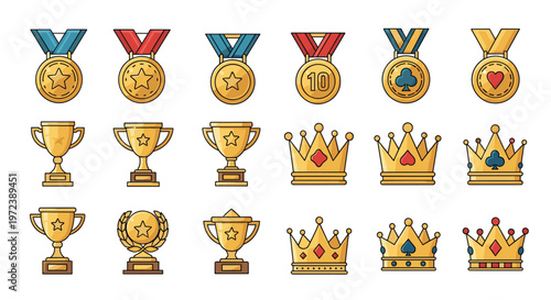 Set of various achievement awards including gold medals winner trophies and royal crowns with suit symbols for games.