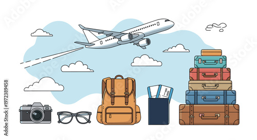 Travel set with airplane flying over clouds and essential vacation items including stacked suitcases, backpack, camera, and passport.