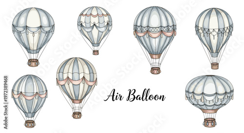 Set of various vintage style hot air balloons with elegant patterns and decorations for travel and adventure concepts.