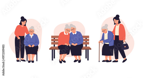 Caring nurse or volunteer assisting elderly women in three different scenes including walking with a cane and sitting on a park bench.