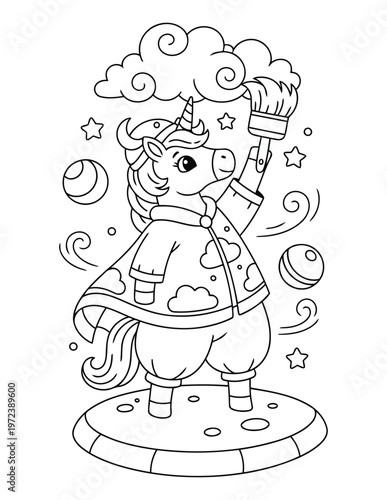 Unicorn cute painter character holding brush painting sky clouds fun coloring page