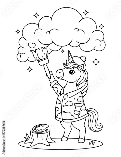 Unicorn cute painter character painting fluffy cloud with brush magical coloring page