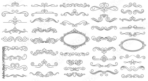 Large collection of elegant black ink vintage ornamental dividers, flourishes, and oval frames for luxury classic design projects.