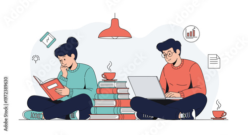 Concept of education and remote work showing a man and a woman sitting on the floor studying with many books and a laptop computer.