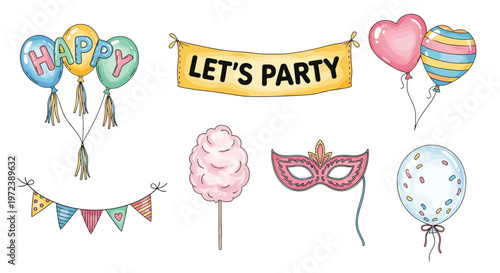 Festive party decoration elements set with colorful balloons, bunting, masks, and cotton candy is ideal for birthdays and event planning.