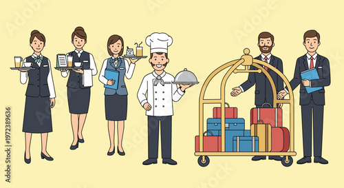 Professional hotel staff group includes waitresses, chef, bellhops with luggage cart, and managers, showcasing diverse hospitality roles.