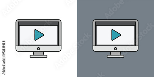 Flat design vector illustration of a desktop monitor displaying a video play button, representing multimedia content, online streaming, and digital video playback on a computer screen