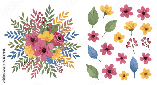 Vibrant floral arrangement and separate flower components in pink, yellow, and blue hues create a colorful set for various decorations.