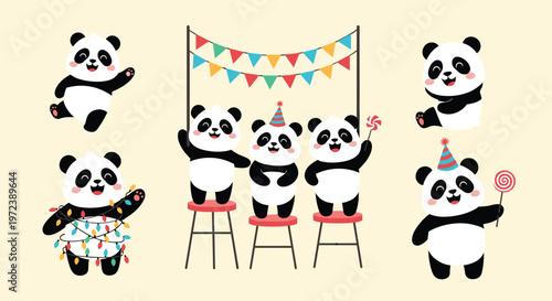 Playful panda party set with cute characters celebrating using party hats, colorful bunting, festive lights, and lollipops for children.
