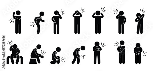 Collection of vector stick figure illustrations showing men and women experiencing various types of body pain. Backache icon set. Man touching his back. Osteoporosis, arthritis symptom. Muscle pain.