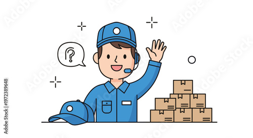 Friendly delivery man in a blue uniform waving next to a stack of packages represents professional courier service and efficient logistics.
