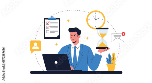 Focused businessman at his office desk managing time with an hourglass, checklist, and email icons, symbolizing workplace productivity.