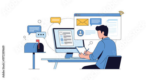 Man working on a computer at his desk surrounded by digital communication icons like email and messaging represents business connectivity.