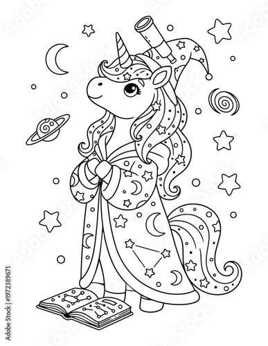 Unicorn cute astronomer wizard character with telescope and stars coloring page
