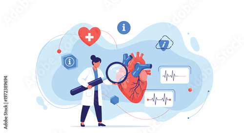 Female cardiologist examining a large human heart model with a magnifying glass symbolizes medical research, diagnostics, and heart care.
