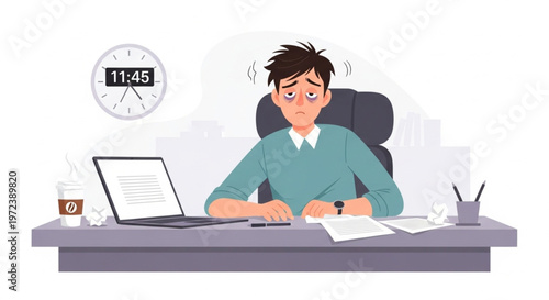 Illustration of a stressed businessman working late at his desk with a laptop and papers in a modern office setting