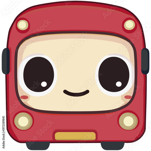 A smiling, cartoonish red vehicle with large, expressive eyes and cute cheeks