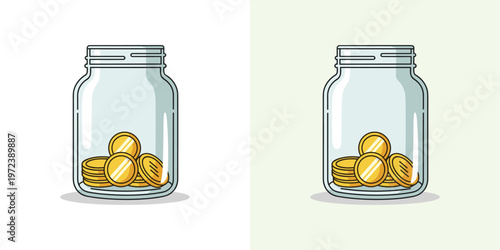 Vibrant vector illustration of financial savings concept featuring gold coins neatly stacked inside a clear glass jar, symbolizing smart investment and wealth accumulation for future security