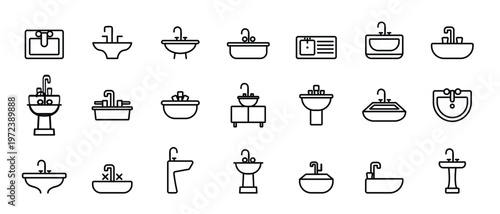 Thin line bathroom fixture collection including bowls, seats, and basins. Sink icon flat vector illustration. Black Thin Line Icon Emblem Concept, vector illustration.