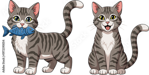 Cute tabby cat characters with fish and smiling pose, adorable domestic kitten illustrations in colorful vector style for pet design and children themes
