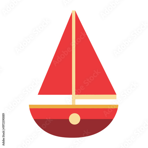 A simple, geometric illustration of a sailboat with a red sail and a dark hull