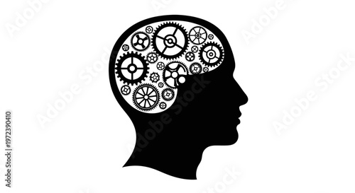 Black silhouette of a human head with gear mechanisms inside the brain.